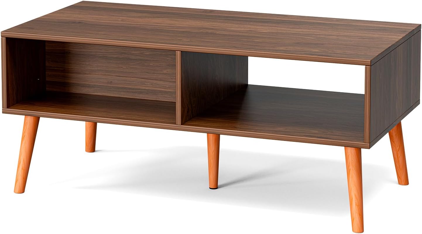 ZttRiee Coffee Table with Storage, Boho Dining Table with Rattan Drawer and Solid Wood Legs, Small Coffee Tables for Living Room, Walnut