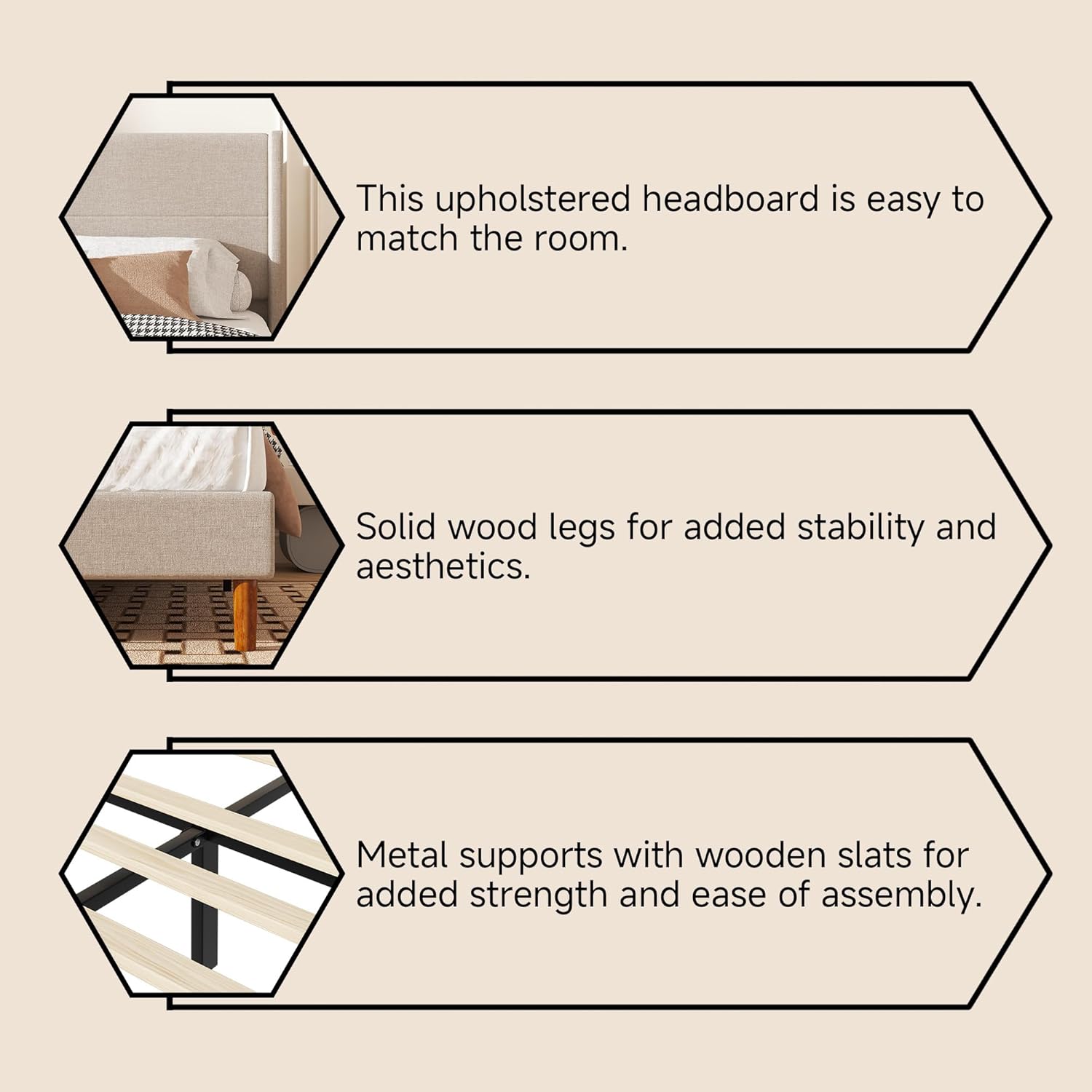 King Size Bed Frame, Linen Upholstered Platform with Wingback Headboard, Wooden Slats Support, No Box Spring Needed, Easy Assembly, Beige