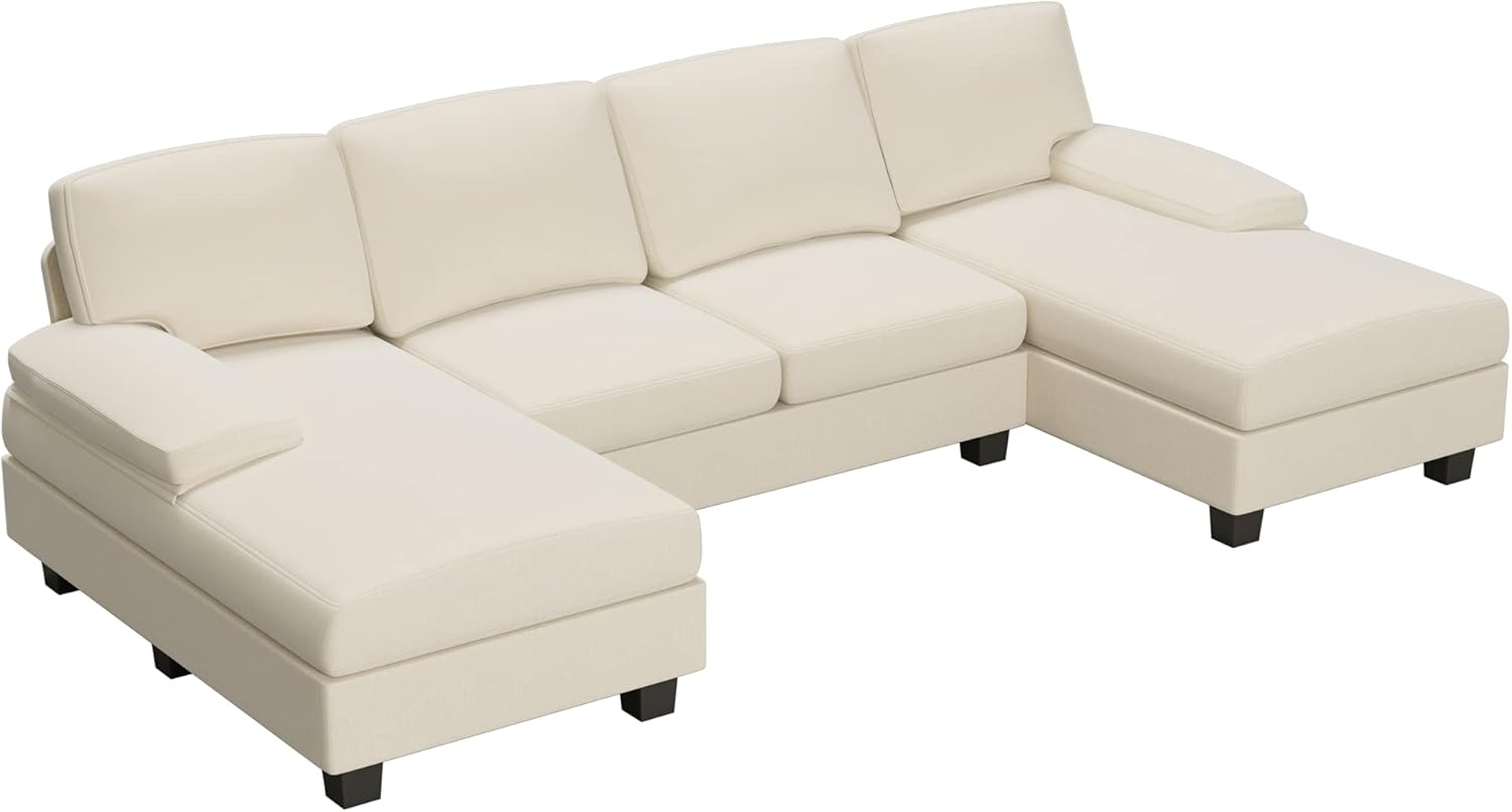 Furniwell Convertible Sectional Sofa Couch, 4 Seat Sofa Set for Living Room U-Shaped Modern Fabric Modular Sofa Sleeper with Double Chaise & Memory Foam (Fabric, White)