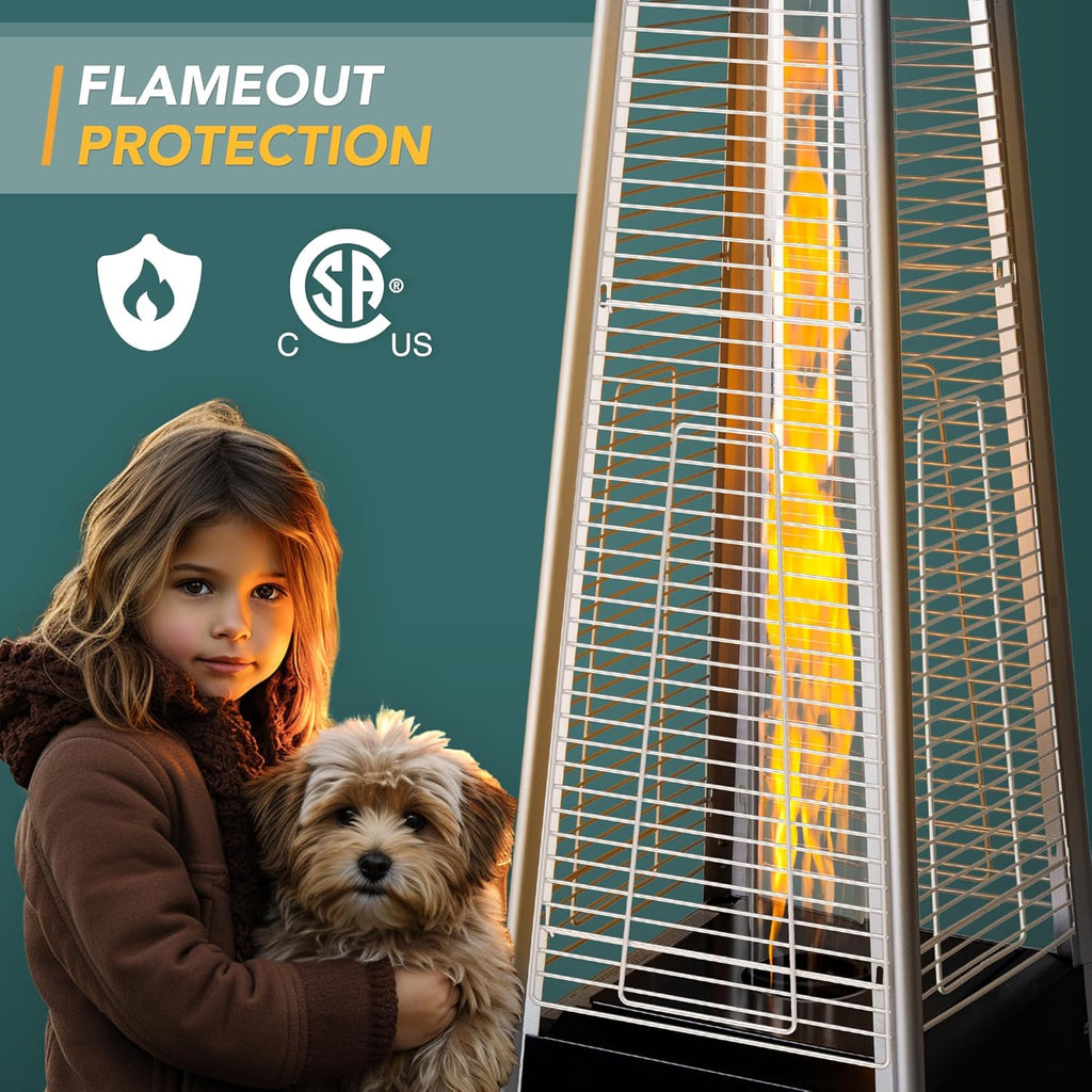 Pamapic Patio Heater with Cover  48 000 BTU Pyramid Flame Outdoor Heater Quartz Glass Tube 87" Propane Heater