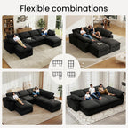 KKL 150" U Shaped Sectional Modular Boneless Sofa, 6 Seater Cloud Couch with Ottoman, Corduroy Sectional Couches for Living Room Bedroom, Black
