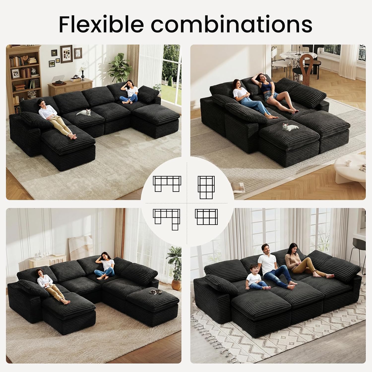 KKL 150" U Shaped Sectional Modular Boneless Sofa, 6 Seater Cloud Couch with Ottoman, Corduroy Sectional Couches for Living Room Bedroom, Black