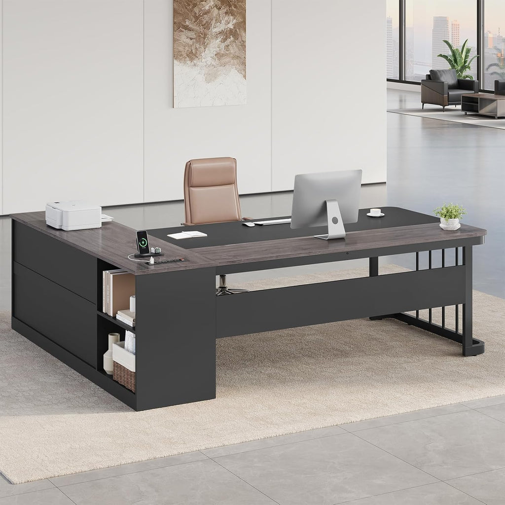 71" Executive Desk, Large Office Desk with Drawers & Storage Shelves, Modern L Shaped Computer Desk Corner Desk with Power Outlets, File Cabinet, Business Furniture Desk Workstation (Grey)