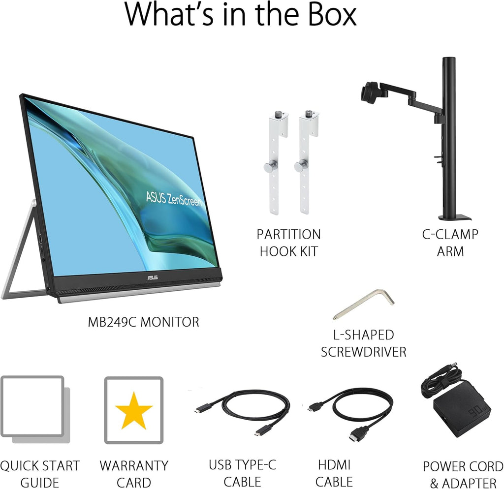 ASUS ZenScreen 24” (23.8” viewable) 1080P Portable USB-C Monitor (MB249C) - FHD  IPS  Eye Care  Speakers  Multi-Stand Design  Kickstand  C-clamp Arm  Partition Hook  Carrying Handle  WFH Monitor