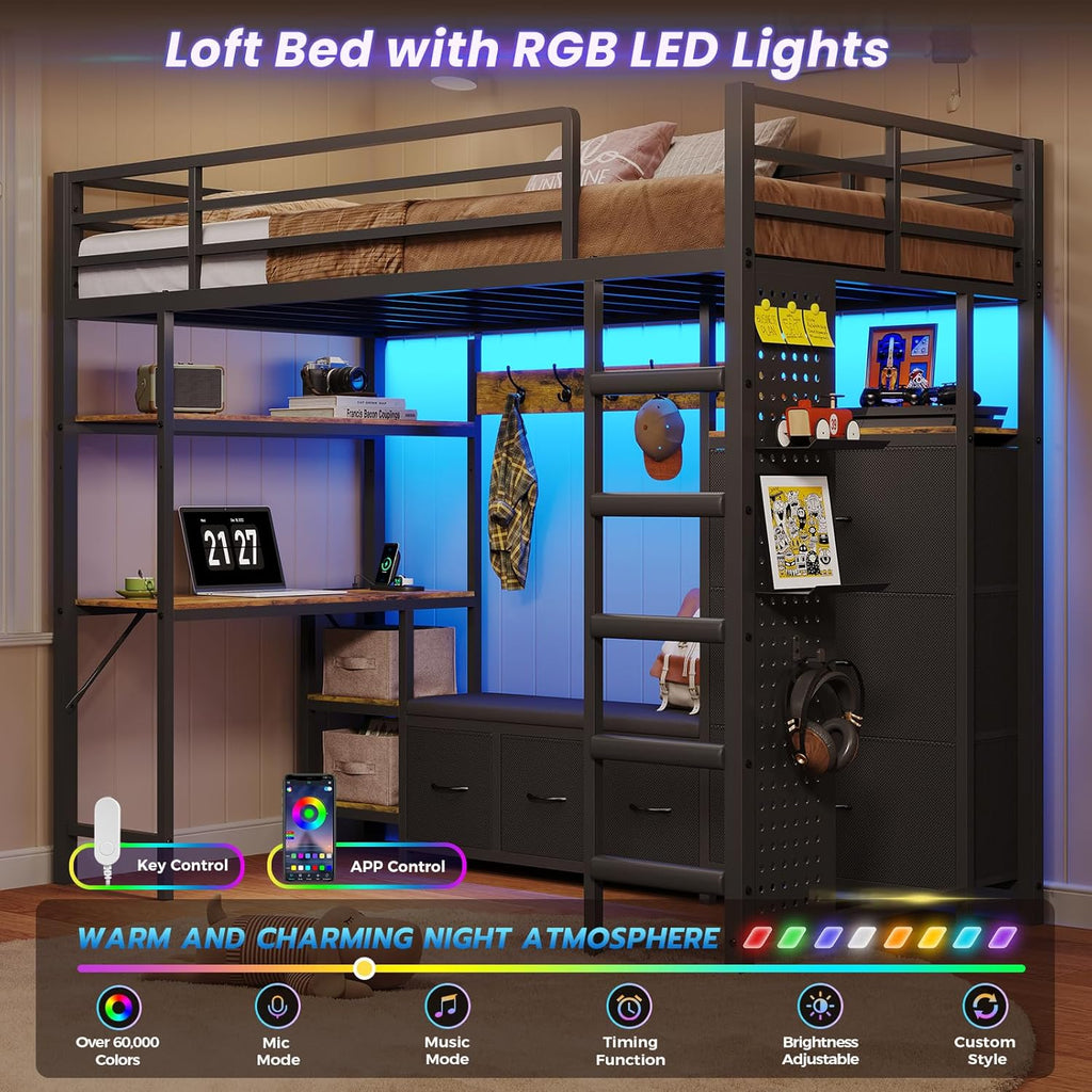 DICTAC Loft Bed Twin Size with 6 Storage Drawers,Coat Rack and Open Shelves Metal Twin Loft Bed with Desk,Charging Station and LED Light,loft beds with Large Pegboard,Stairs and Safety Guardrail,Black