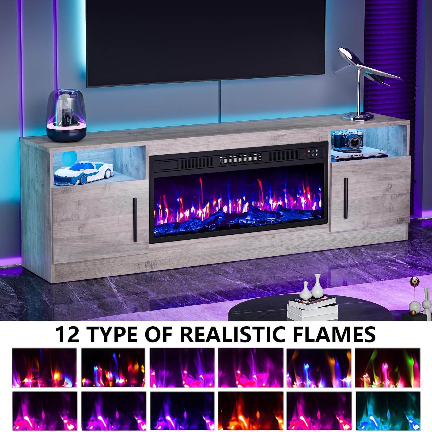 Fireplace TV Stand with 36" Fireplace Up to 80" TVs, 70" Entertainment Center with LED Lights, Remote Control, TV Media Console with Storage Cabinets for Living Room, Gray