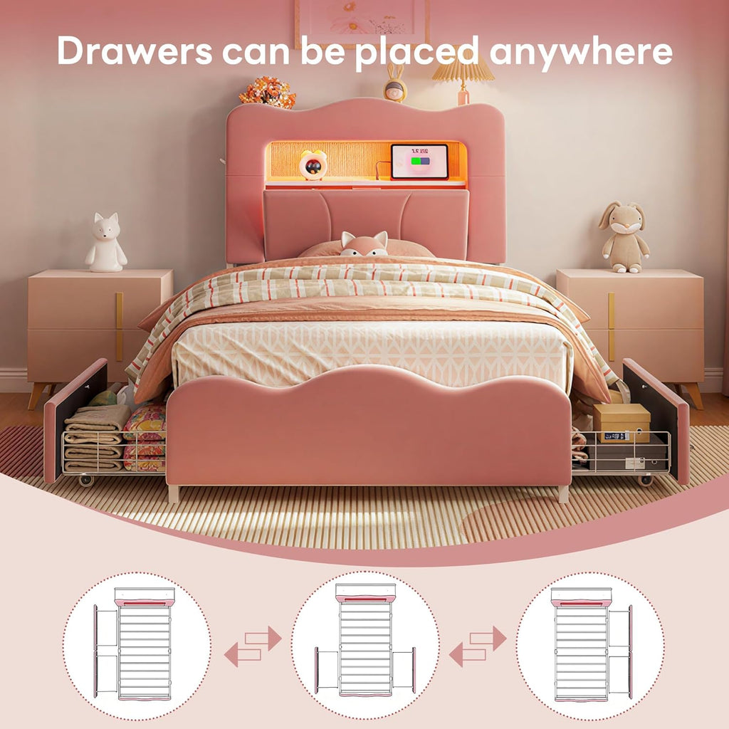 LIKIMIO Twin Upholstered LED Bed Frame with 2 Storage Drawers and Bookcase Storage Headboard, Velvet Princess Platform Bed with Charging Station, Heavy Duty Metal Support, No Box Spring Needed, Pink