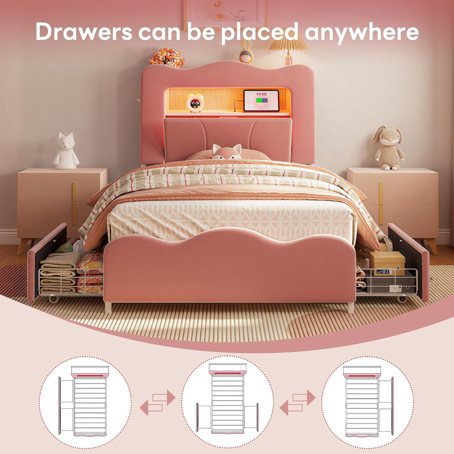 LIKIMIO Twin Upholstered LED Bed Frame with 2 Storage Drawers and Bookcase Storage Headboard, Velvet Princess Platform Bed with Charging Station, Heavy Duty Metal Support, No Box Spring Needed, Pink