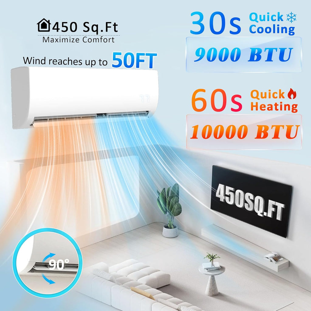 9000 BTU Wifi Enabled Mini Split Air Conditioner, Works with Alexa, 19 SEER2 115V Split AC Unit and Heat Cool Up to 450 Sq.Ft, Ductless Inverter System with Heater Pump & Installation Kits