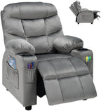 MAT EXPERT Kids Recliner, Velvet Adjustable Reading Chair w/ 2 Cup Holder, 3 Side Pocket Storage & Footrest, Kids Couch Gaming Chair, Toddler Lounge Chair for Boys Girls, Kids Room Playroom (Grey)