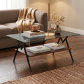 Casaphoria Rectangle Coffee Table for Living Room, Industrial 2-Tier Center Table with Gray Tempered Glass Top & Brown MDF Storage Shelf, Metal Legs, 220 lbs Weight Capacity (38.6")