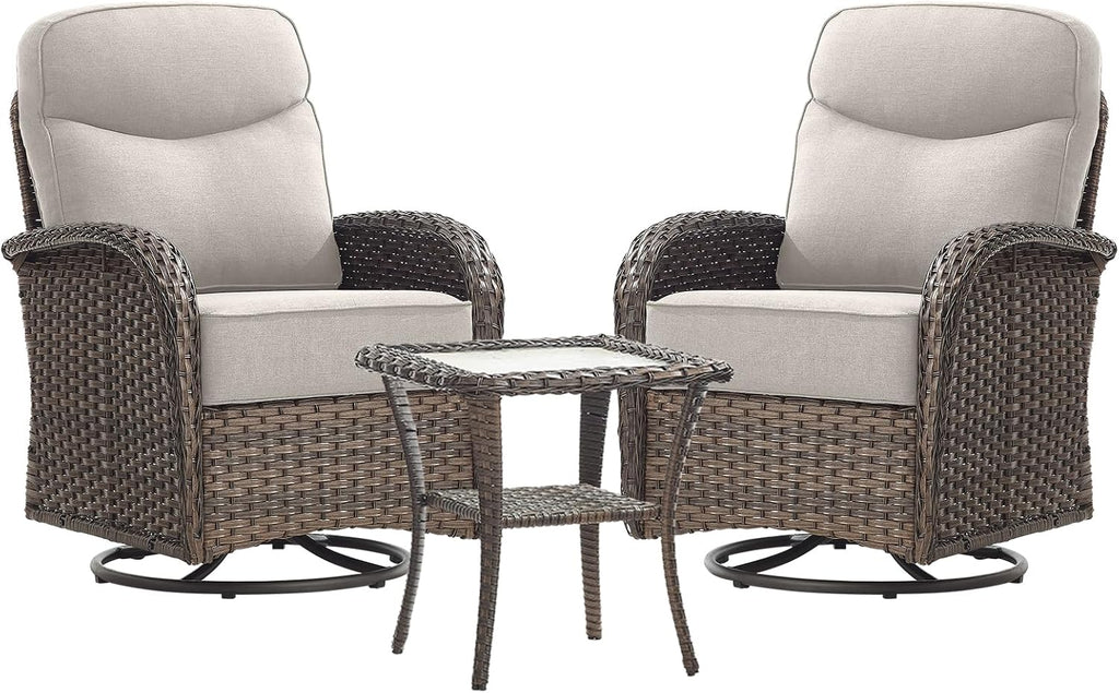 Luxury Outdoor Swivel Rocker Patio Chairs of 2 with Side End Table - 3 Piece Set with 6-Inch Smile Cushions High Back Brown Wicker Rattan Gliders Furniture for Porch Balcony Deck - Beige