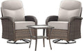 Luxury Outdoor Swivel Rocker Patio Chairs of 2 with Side End Table - 3 Piece Set with 6-Inch Smile Cushions High Back Brown Wicker Rattan Gliders Furniture for Porch Balcony Deck - Beige