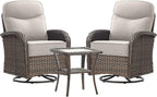 Luxury Outdoor Swivel Rocker Patio Chairs of 2 with Side End Table - 3 Piece Set with 6-Inch Smile Cushions High Back Brown Wicker Rattan Gliders Furniture for Porch Balcony Deck - Beige