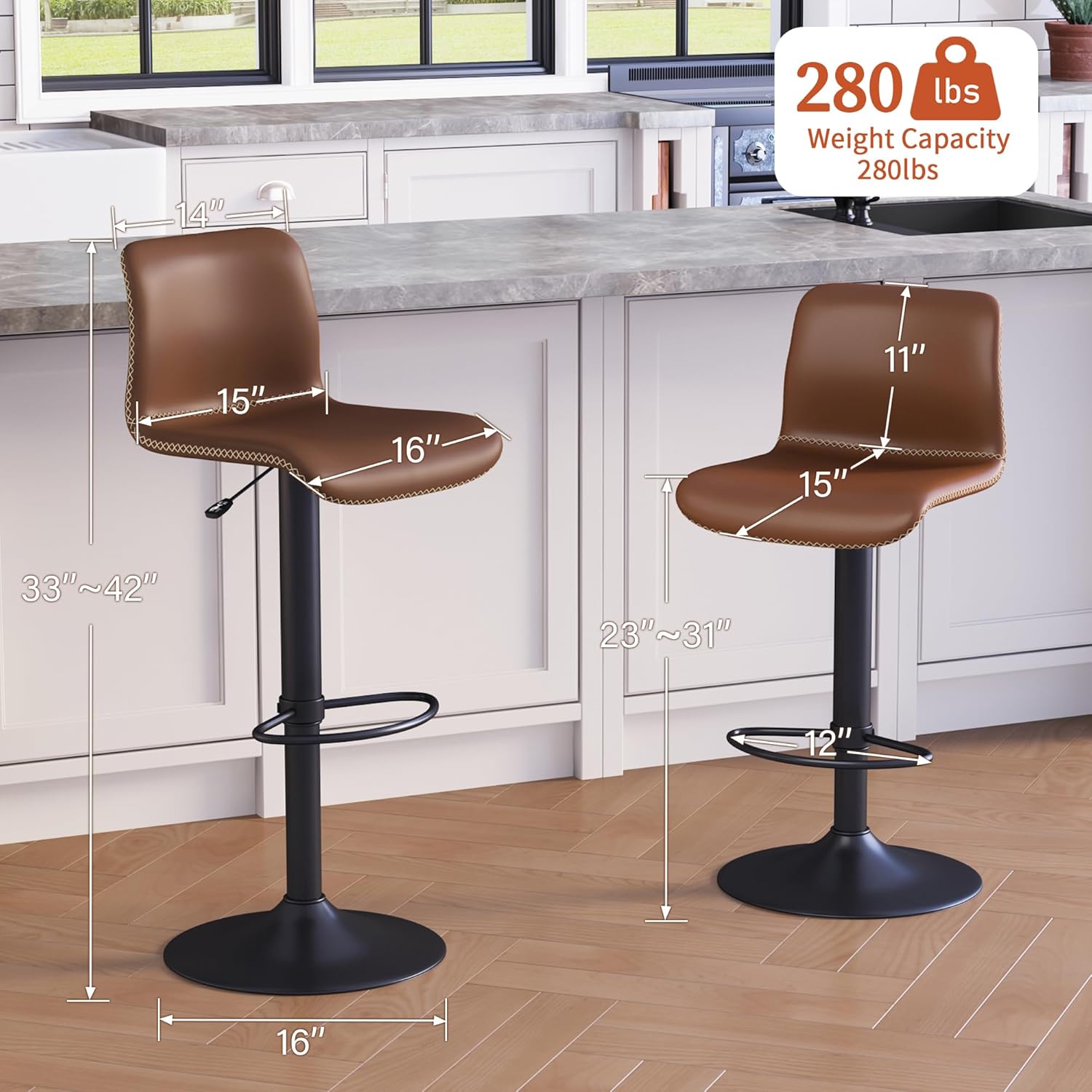 HeuGah Swivel Bar Stools Set of 4, Counter Height Bar Stools with Back, Adjustable Bar Stools 24" to 32", Brown Faux Leather Bar Chairs for Kitchen Island (Brown, Set of 4 (24'' to 32''))