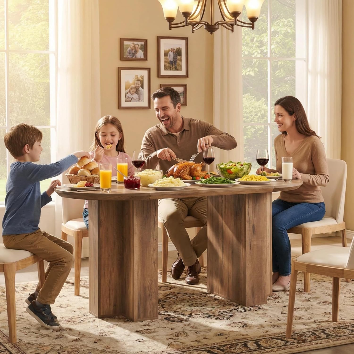 OKD 63 Inch Modern Wood Oval Dining Table for 4-6, Dining Room Table with Stable T-Shaped Base & Metal Frame & Thick Tabletop, Sturdy Kitchen Table for Dinner Room, Kitchen, Gathering, Rustic Oak
