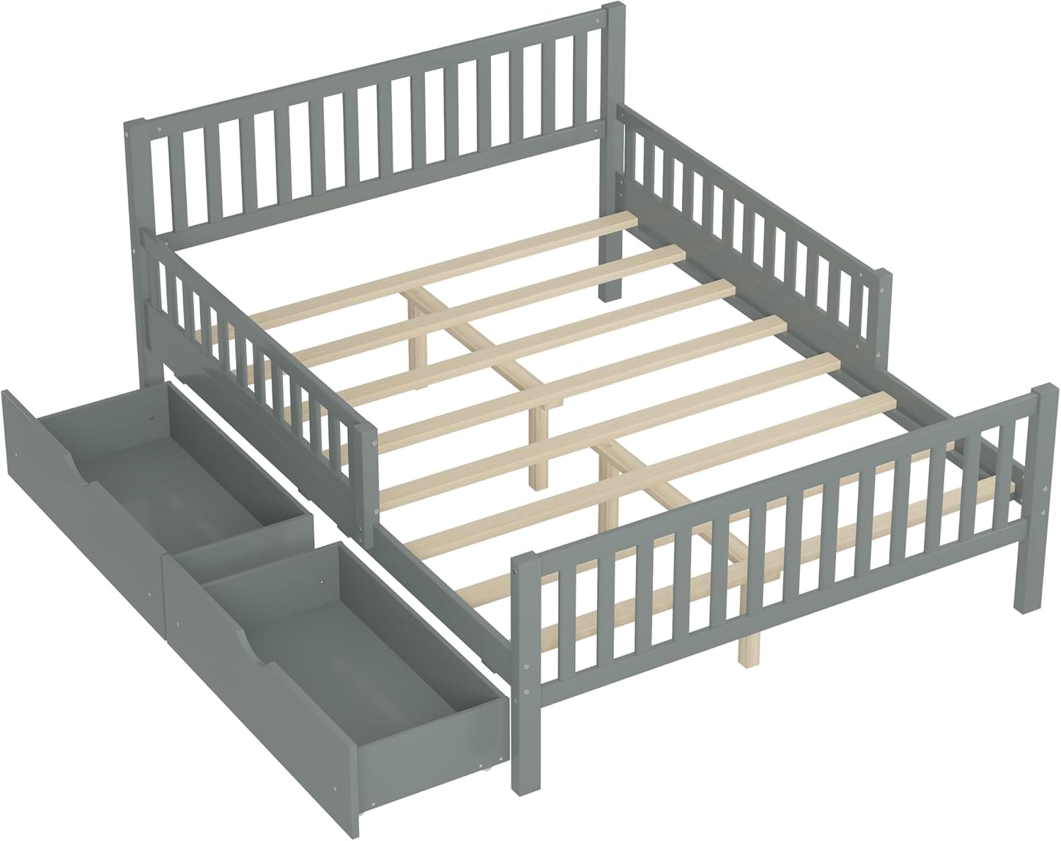 Merax Full Bed Frame with Storage Drawers and Safety Guardrails on Both Sides, Wood Platform Bed & Headboard and Footboard for Kids, Boys, Gilrls, Solid Slats Support, No Box Spring Needed, Gray