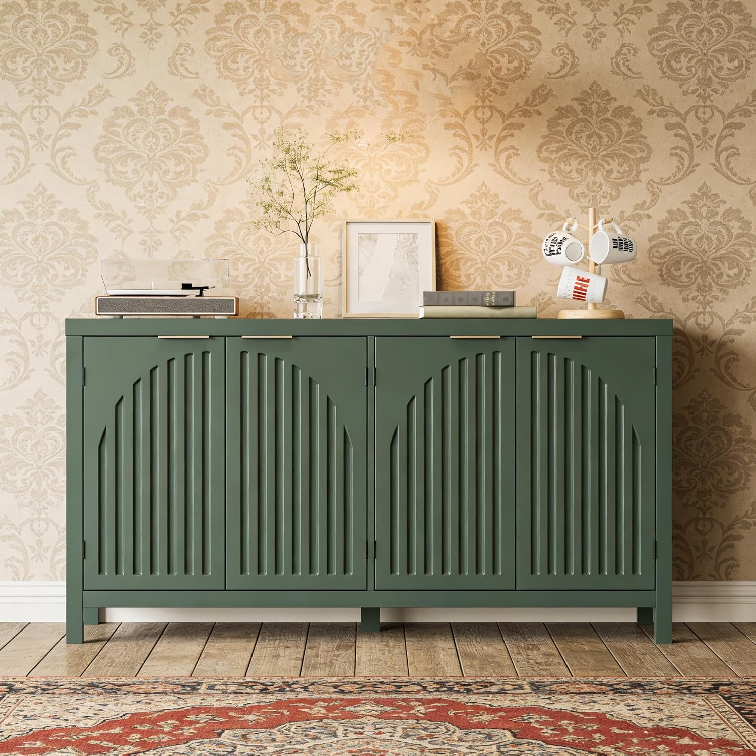 58" W Sideboard Buffet Cabinet with Storage, Mid Century Modern Credenza with Arch Doors & Shelves Coffee Bar Media Console Cabinets for Kitchen, Living Room, Entryway (Green)
