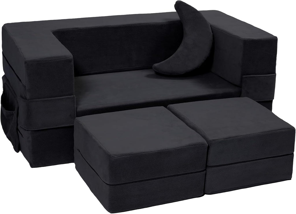 Elftopia Modular Kids Sofa,Toddler Couch Foam Armchair for Kids, Children Convertible Plush Sofa Play Set,Fold Out SofaBed(Black)