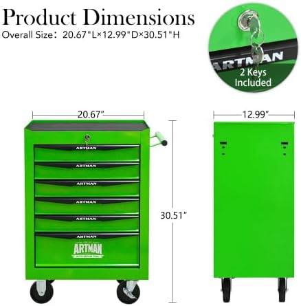 Iron-Top Rolling Tool Chest with Lockable Wheels and Side Handles, 7-Drawer Tool Storage Cabinet with Ball Bearing for Garage, Repair Shop, Required Assembly, Large Storage Capacity (Iron, 6-Green)