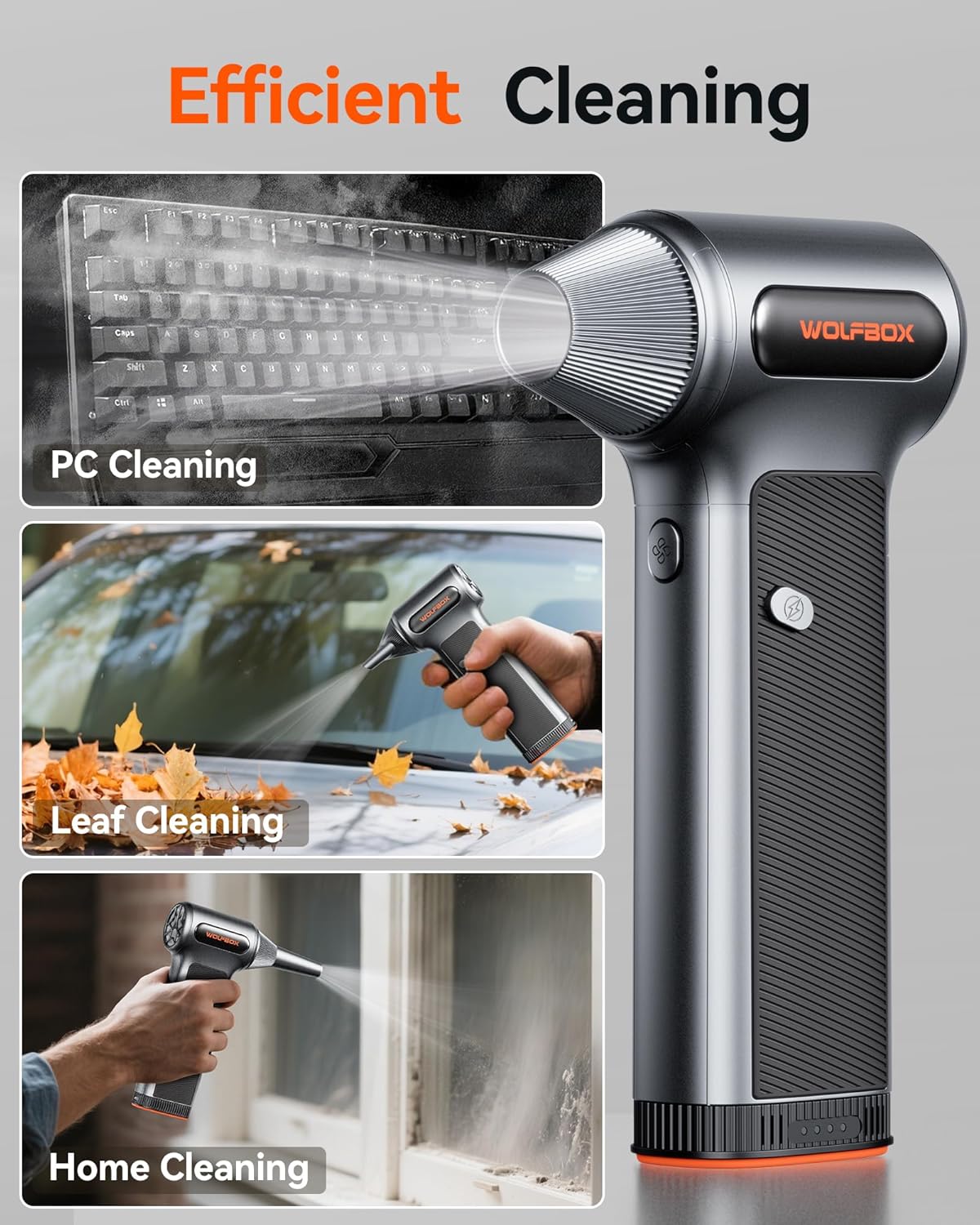 WOLFBOX MF200 Compressed Air Duster with Removable Battery & 4 Nozzles, Cordless 3-Speed Adjustable Mini Blower for Computer Keyboard, Car Cleaning, Home, and Outdoor Use