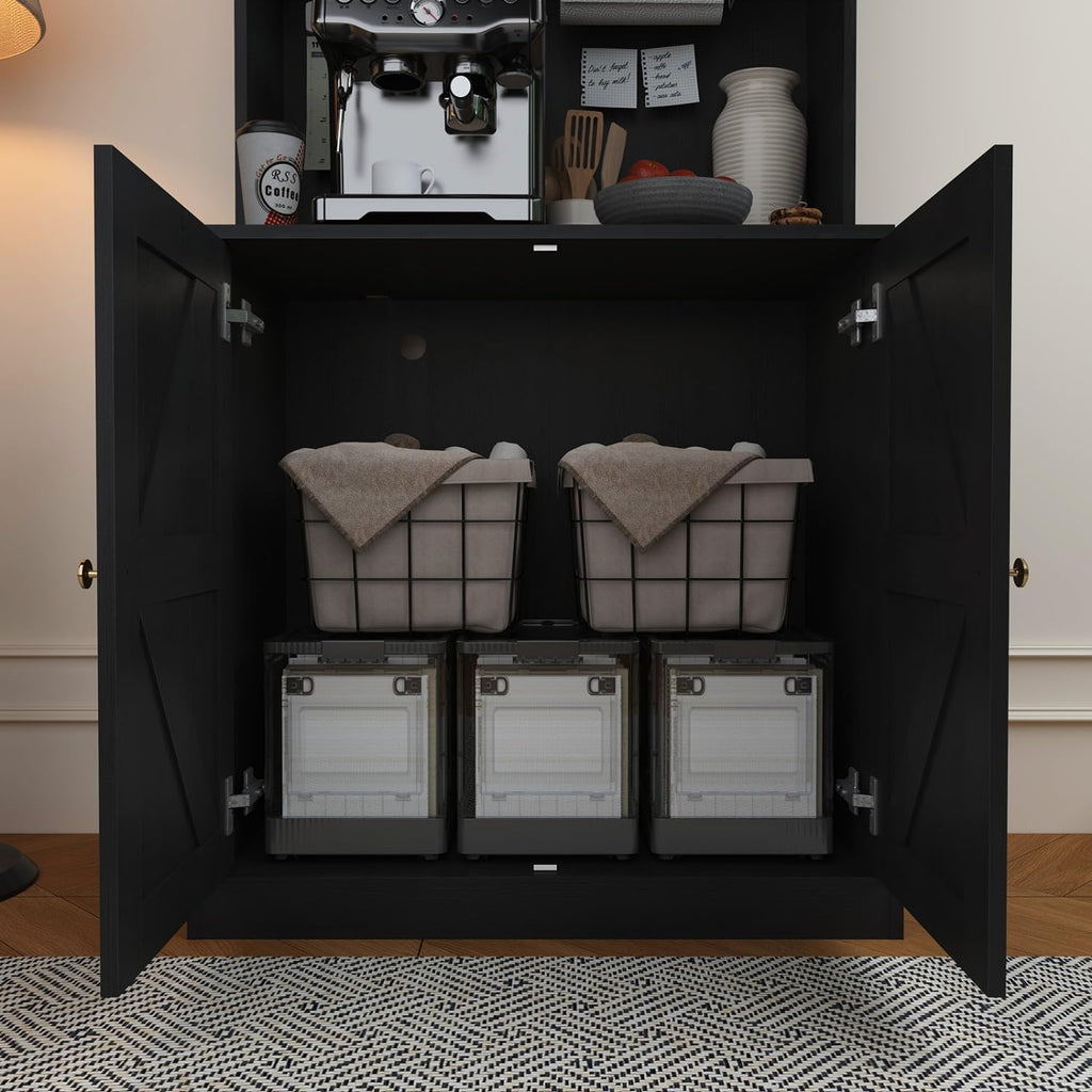 Vyre 71" Farmhouse Kitchen Pantry Cabinet Set of 3, Black Freestanding Coffee Bar Hutch with Glass Doors & Adjustable Shelves, Large Storage Cabinet with Microwave Stand for Living Room & Kitchen