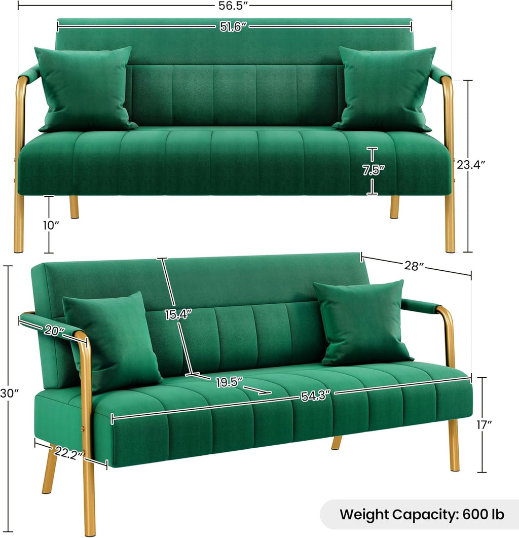 Yaheetech 56.5" W Modern Sofa Small Sofa Luxurious Velvet Fabric Couch with Gold-Tone Metal Arms and Legs for Living Room, Home Office, Studio Green