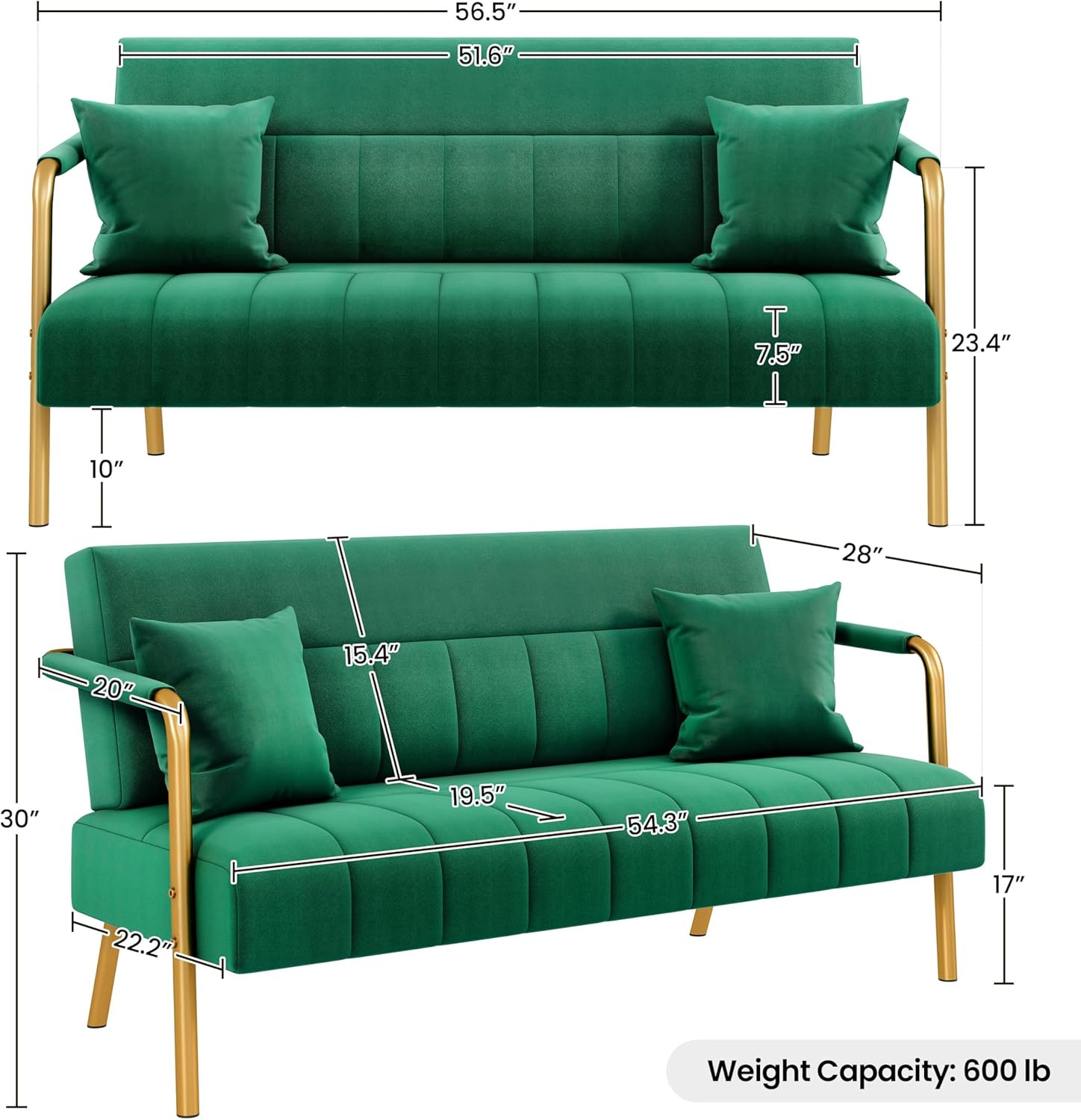 Yaheetech 56.5" W Modern Sofa Small Sofa Luxurious Velvet Fabric Couch with Gold-Tone Metal Arms and Legs for Living Room, Home Office, Studio Green