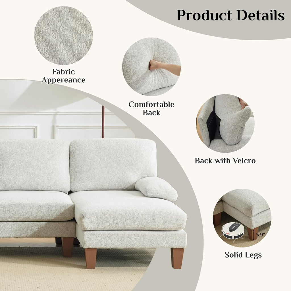 Karl home 110" U-Shape Sectional Couches for Living Room Chenille Upholstery 4 Seat Sofa Set with Double Chaises & Wood Grain Legs for Apartment, White