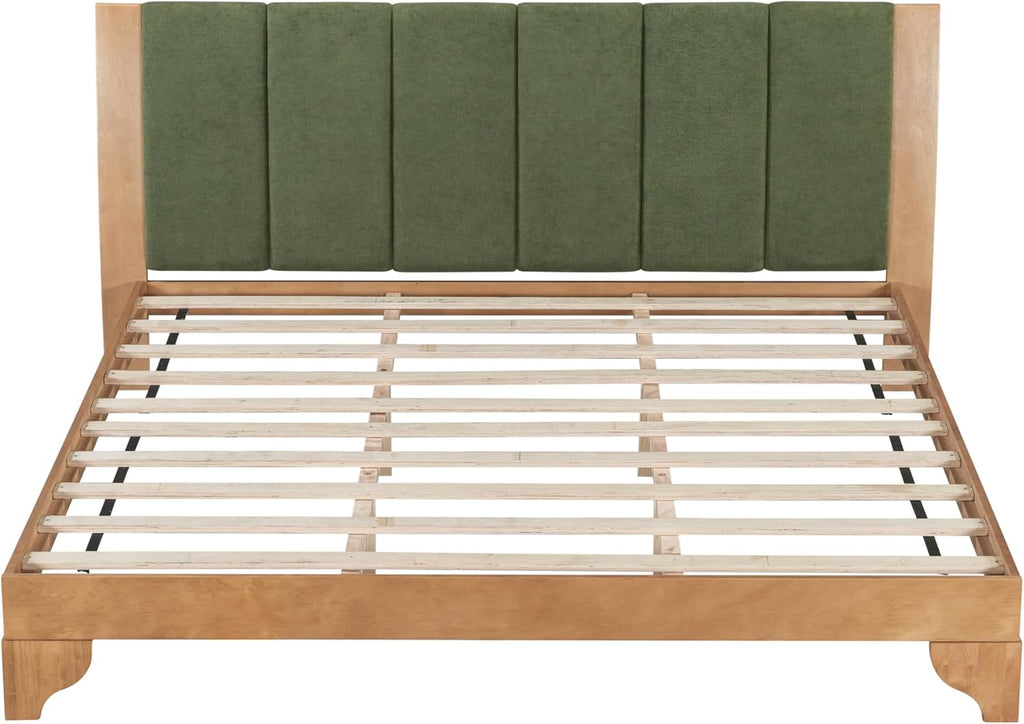 Christopher Knight Home Trisie Mid-Century Modern King Size Bed Frame and Headboard, Solid Wood King Platform Bed Frame with Upholstered Headboard, No Box Spring Needed, Easy Assembly, Natural