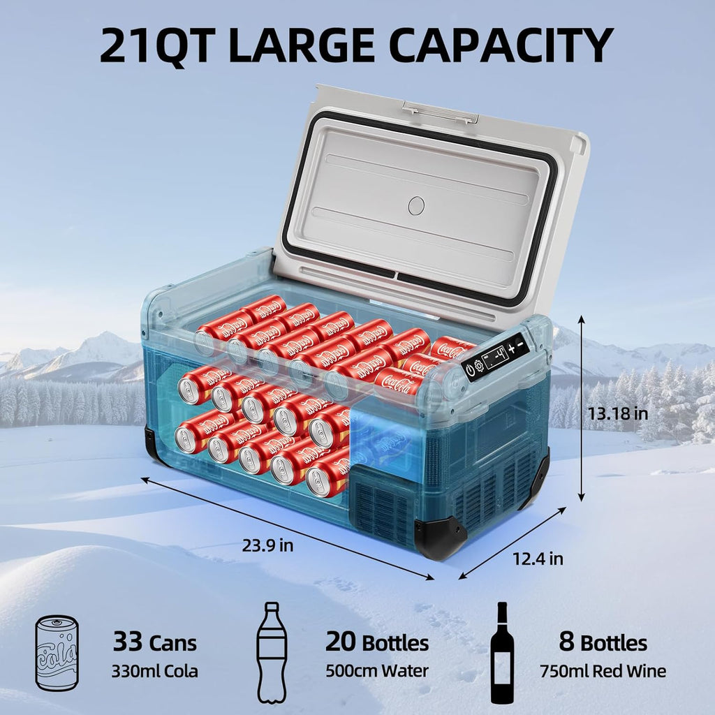 12V Car Refrigerator,21QT Portable Fridge Freezer with Blow Expansion Evaporator,-4℉~68℉ 12/24V DC & 120-240V AC Freezer Cooler for Truck RV SUV Camping Travel,Reversible Door