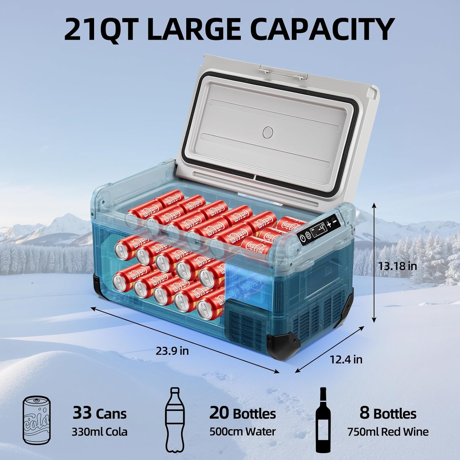 12V Car Refrigerator,21QT Portable Fridge Freezer with Blow Expansion Evaporator,-4℉~68℉ 12/24V DC & 120-240V AC Freezer Cooler for Truck RV SUV Camping Travel,Reversible Door