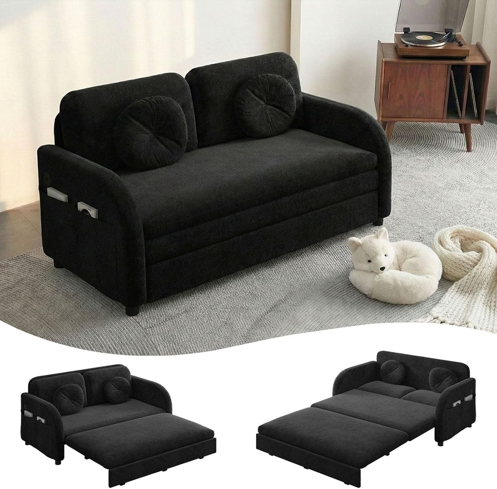 3-in-1 Sleeper Sofa Loveseat with Pull-Out Bed, Chenille Convertible Couch with Double-Layer Cushions, USB Ports & Storage Pockets for Living Room and Apartment (Black, 52.4") | Convertible Sleeper