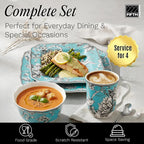 222 Fifth Adelaide Turquoise 16-Piece Porcelain Dinnerware Set | Microwave and Dishwasher Safe Dining Set for 4 | Stackable and Chip-Resistant Plates Bowls and Cups | Gift for Housewarming & Wedding
