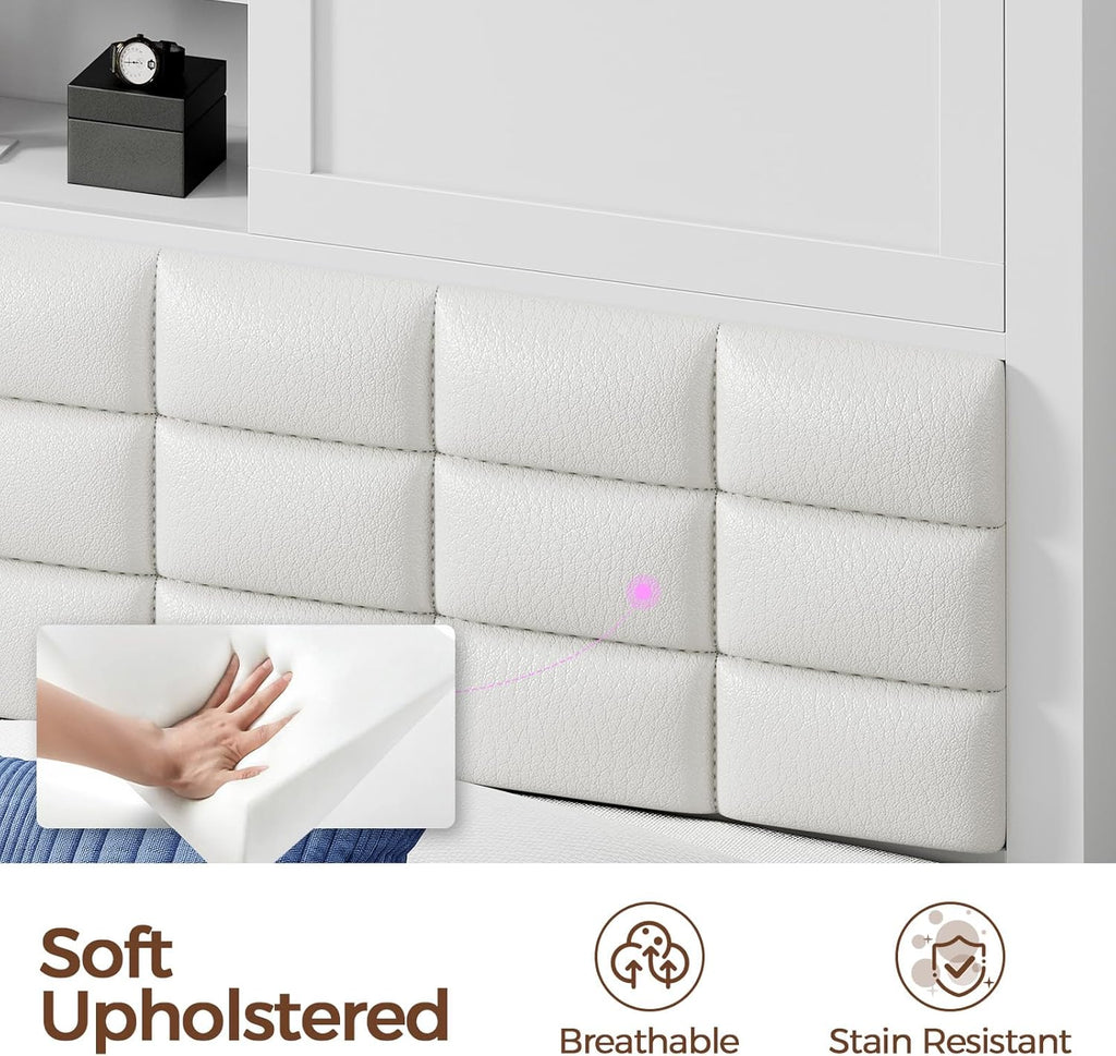 Rolanstar Bed Frame Full Size with Charging Station, Bookcase Headboard Bed with LED Light and Sliding Doors, Platform Bed with Wooden Slats, No Box Spring Needed, Noise Free, White
