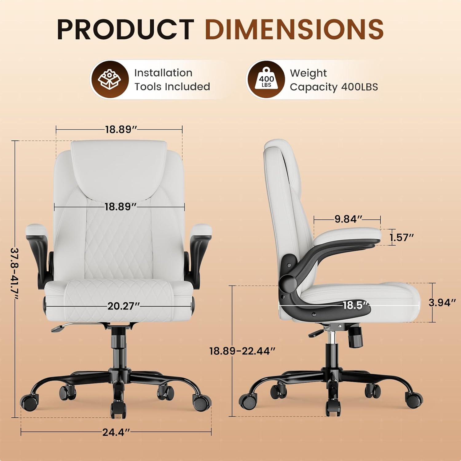 GTPLAYER Leather Office Chair, Home Desk Chair with Flip-up Arms and Ergonomic Back - Comfy Heavy Duty Executive Chair for Home Office Gaming, White
