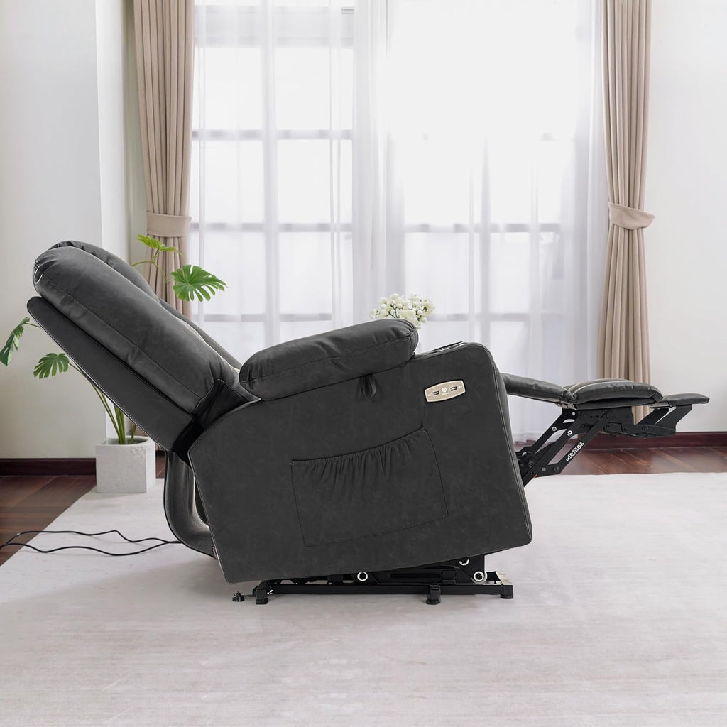 MCombo Power Lift Recliner Chair for Elderly, Lift Chair with Heat and Massage, USB Ports, Cup Holders, Faux Leather 7519 (Medium, Dark Grey)