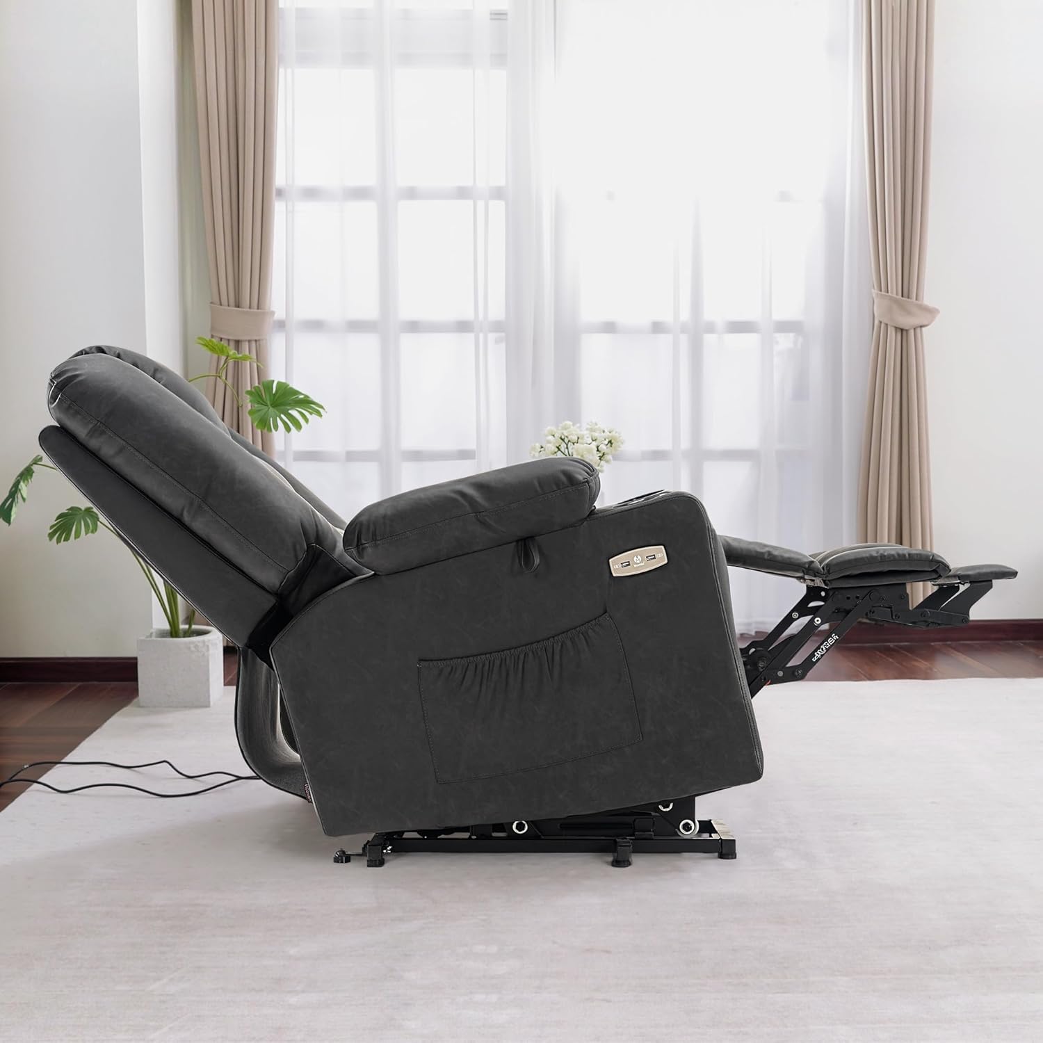 MCombo Power Lift Recliner Chair for Elderly, Lift Chair with Heat and Massage, USB Ports, Cup Holders, Faux Leather 7519 (Medium, Dark Grey)