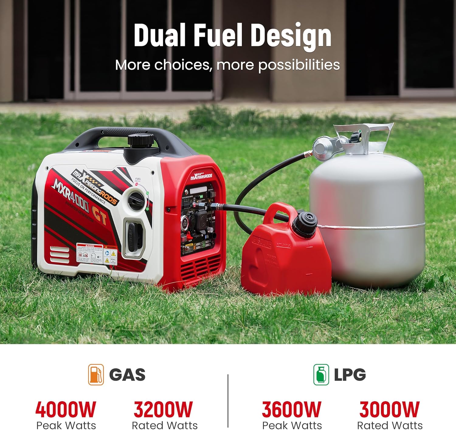 maXpeedingrods 4000 Watt Dual Fuel Inverter Generator with Bluetooth® Control Start and Display  RV Ready  Electric Start  Quiet for Outdoor Camping  Home Backup  Garden .PGMA Compliant