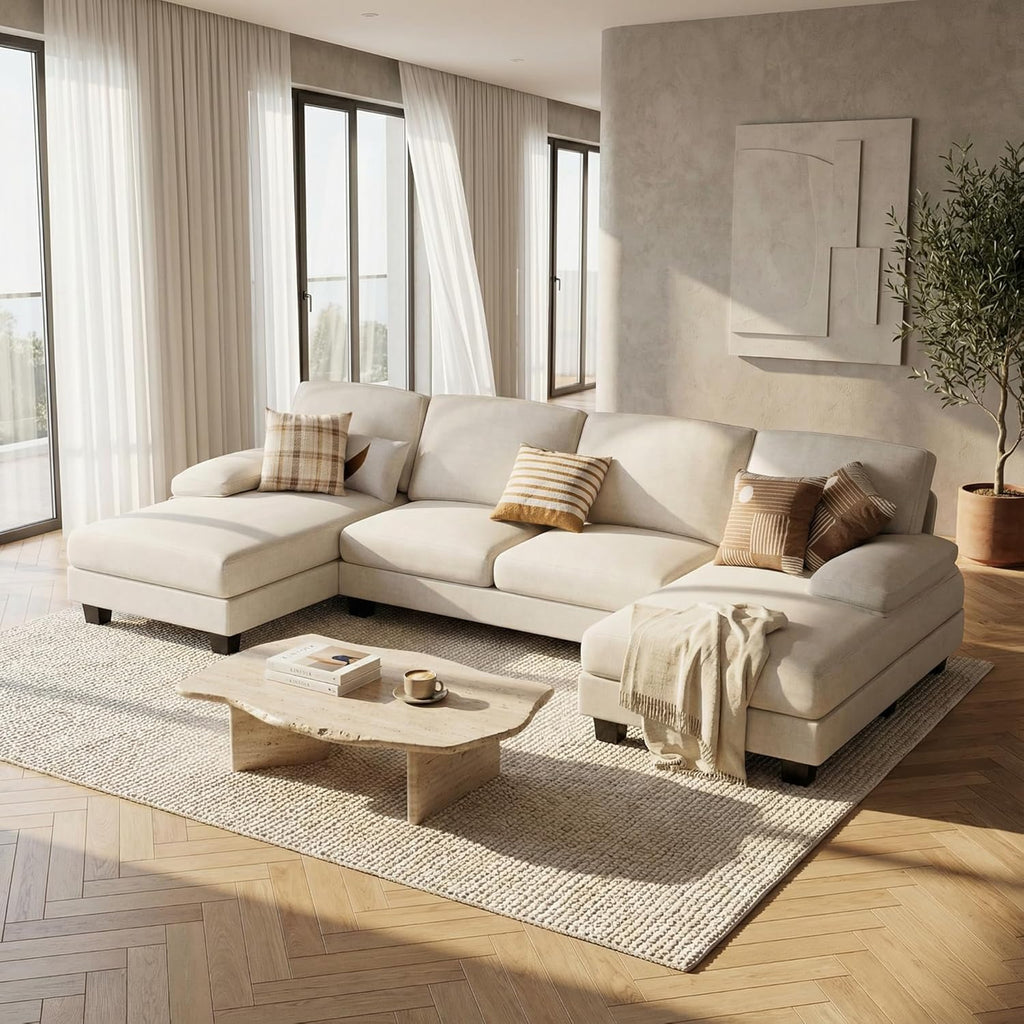 Homall Modular Sectional U Shaped Sofa Couches for Living Room, Comfy Chenille 4 Seat Sofa Set with Removable Pillows, Lounge Chaise Upholstered Couch for for Apartment (Chenille, White)