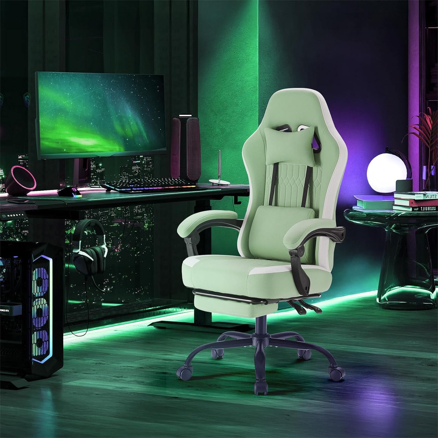 Sweetcrispy Computer Gaming Chair - High Back Ergonomic Desk Chair with Footrest and Lumbar Support, Height Adjustable with Linkage Armrests and Headrest, 360° Swivel Wheels, Fabric, Green