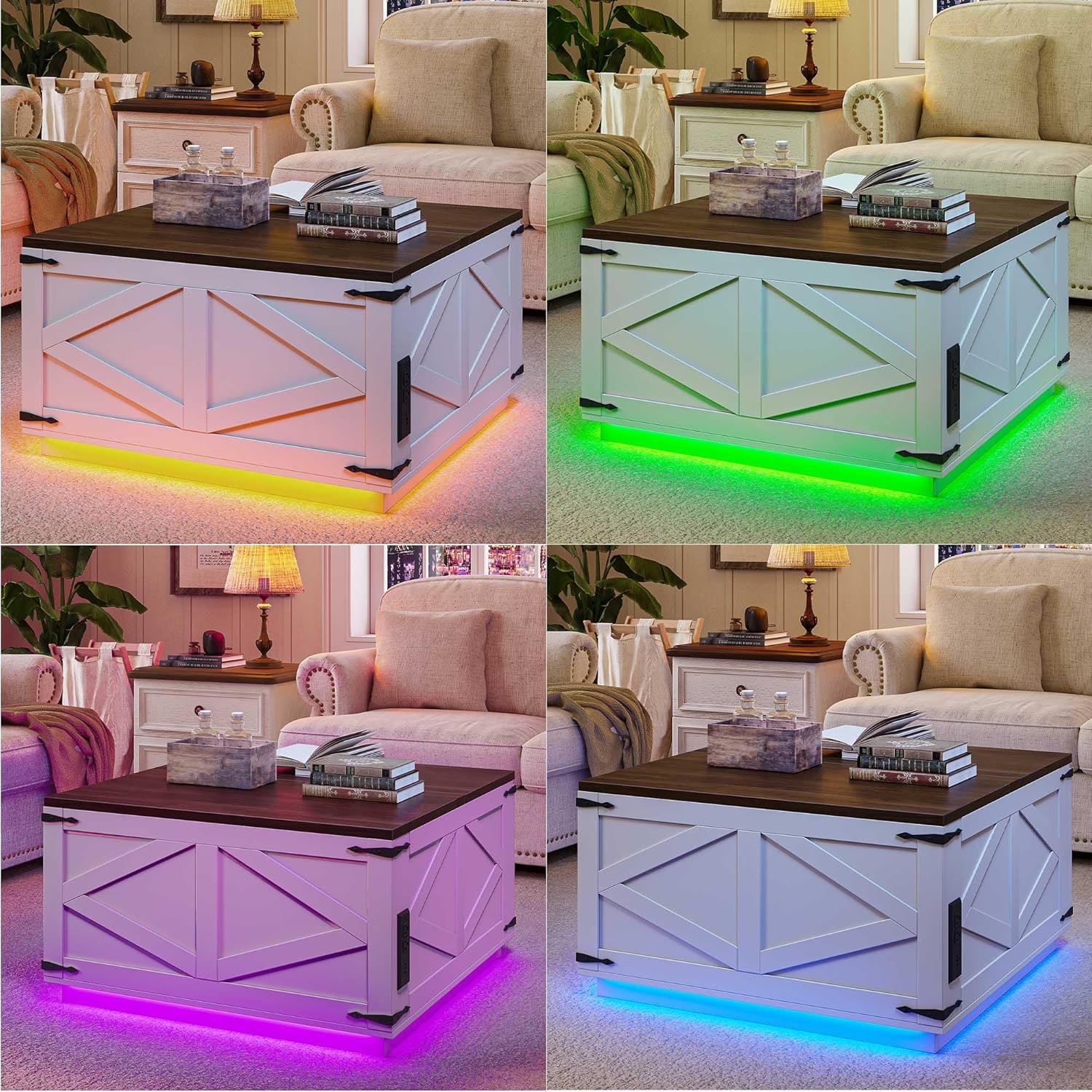 Jocoevol Farmhouse Lift Top Coffee Table, Square Wood Center Table with LED Lighting, USB-C Charging Station, and Hidden Storage Compartment - Rustic White & Oak Living Room Furniture
