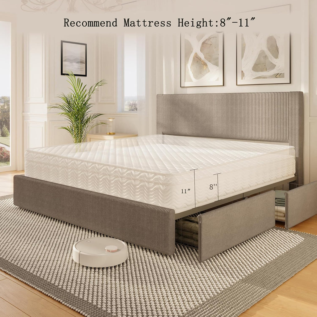 Garvee Corduroy Full Bed Frame with Headboard, Platform Upholstered Bed Frame with 4 Storage Drawers and Wooden Slats Support, No Box Spring Needed, Brown
