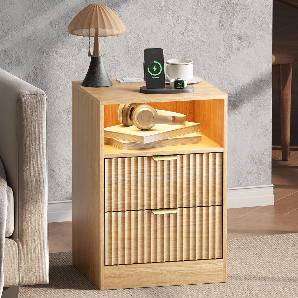 LED Nightstand with Charging Station, Fluted Nightstand Set of 2, Wood Nightstands with 2 Drawers & Metal Handles, Modern Bedside Table & End Tables, Farmhouse Night Stands for Bedroom, Natural