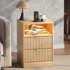 LED Nightstand with Charging Station, Fluted Nightstand Set of 2, Wood Nightstands with 2 Drawers & Metal Handles, Modern Bedside Table & End Tables, Farmhouse Night Stands for Bedroom, Natural