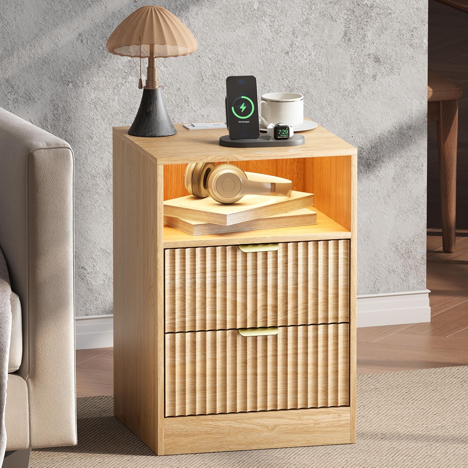 LED Nightstand with Charging Station, Fluted Nightstand Set of 2, Wood Nightstands with 2 Drawers & Metal Handles, Modern Bedside Table & End Tables, Farmhouse Night Stands for Bedroom, Natural