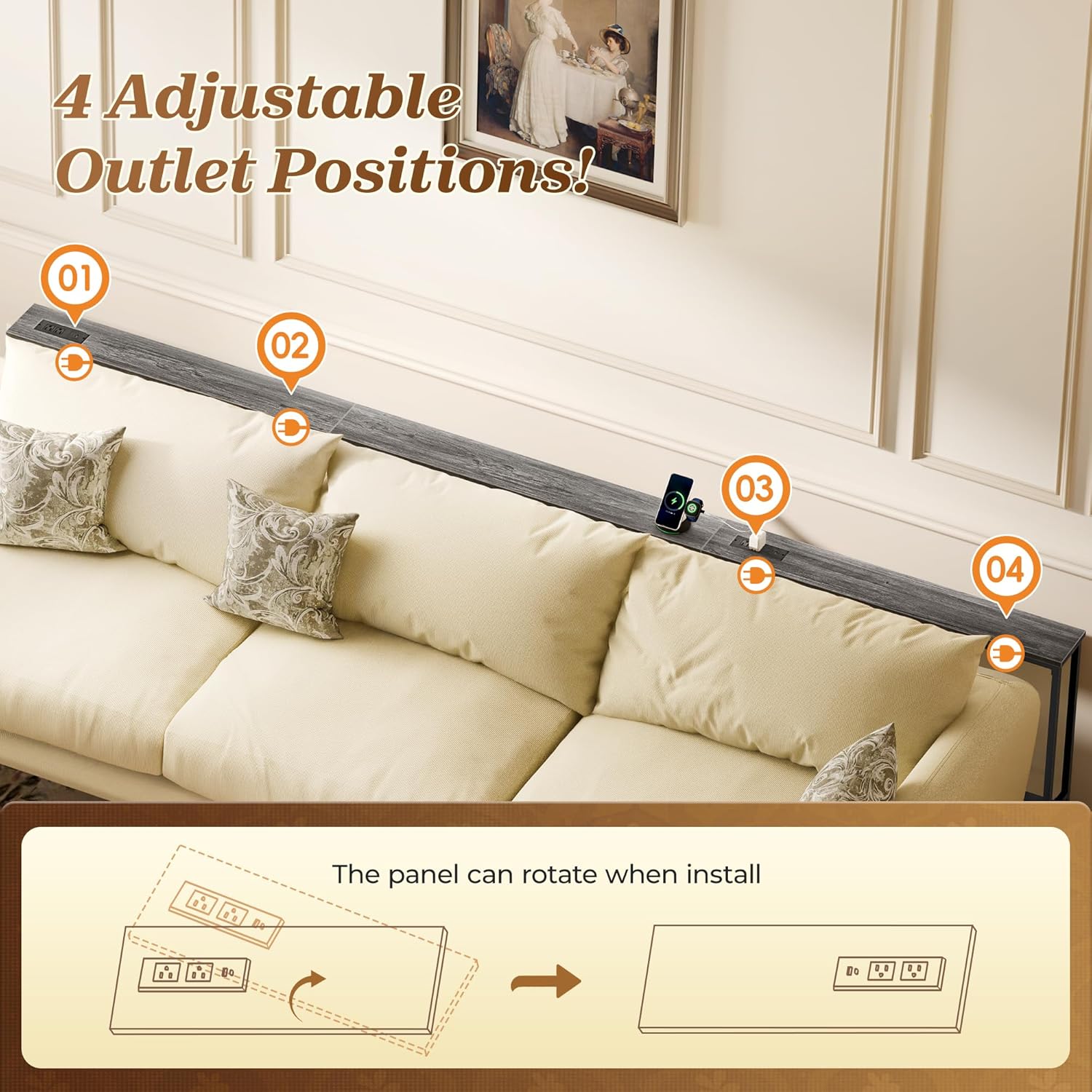 SUPERJARE 110.2 Inch Sofa Table with 2 Power Outlets and USB-C Port, 5.9 Inch Narrow Console Table with Storage, Extra-Long, for Entryway Hallway Couch Behind Sofa, Small Spaces, Grey