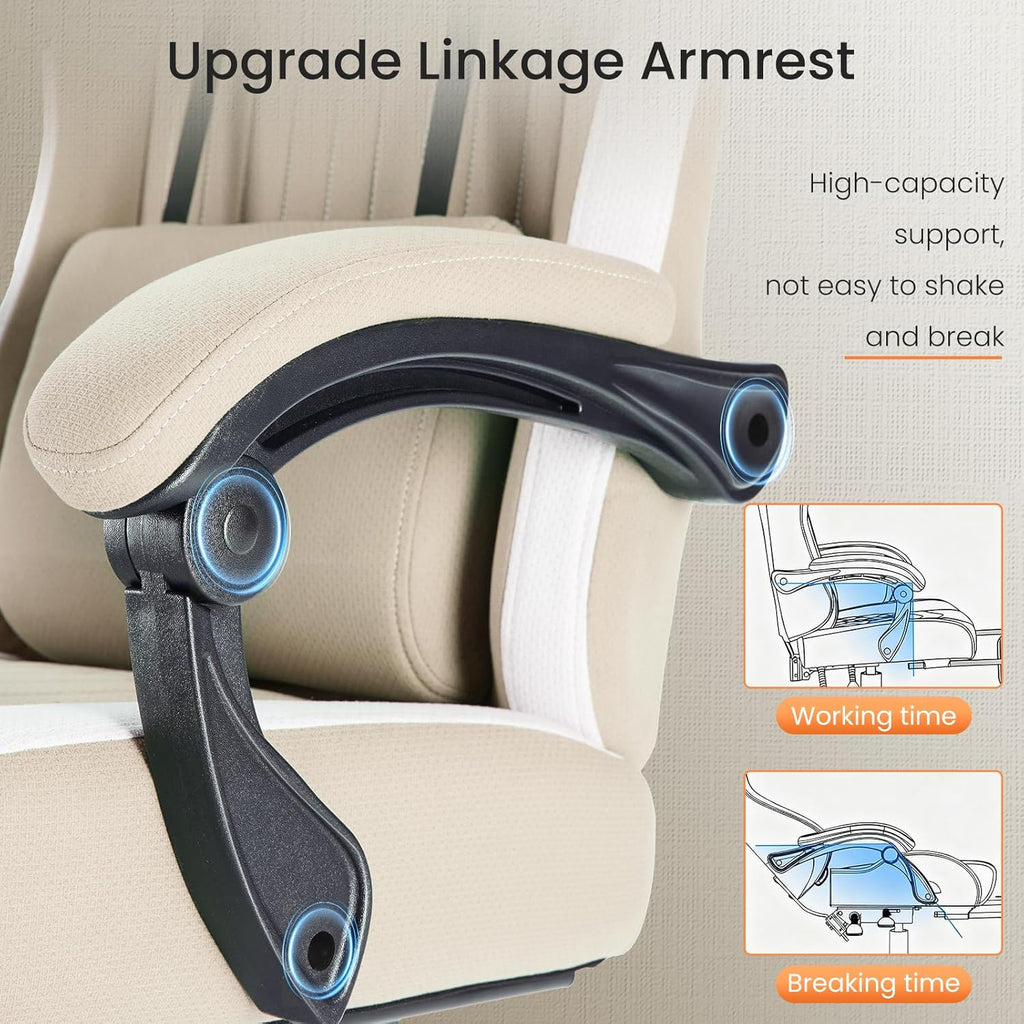 Sweetcrispy Computer Gaming Chair - High Back Ergonomic Desk Chair with Footrest and Lumbar Support, Height Adjustable Task Chair with Linkage Armrests and Headrest, 360°Wheels, Fabric, Khaki
