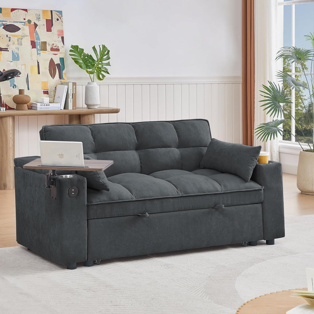 65'' 3-in-1 Folding Convertible Sofa Bed, Pullout Sofa, Modern Chenille Fabric, 360° Swivel Side Table, Easy Assembly, Perfect for Living Room, Grey