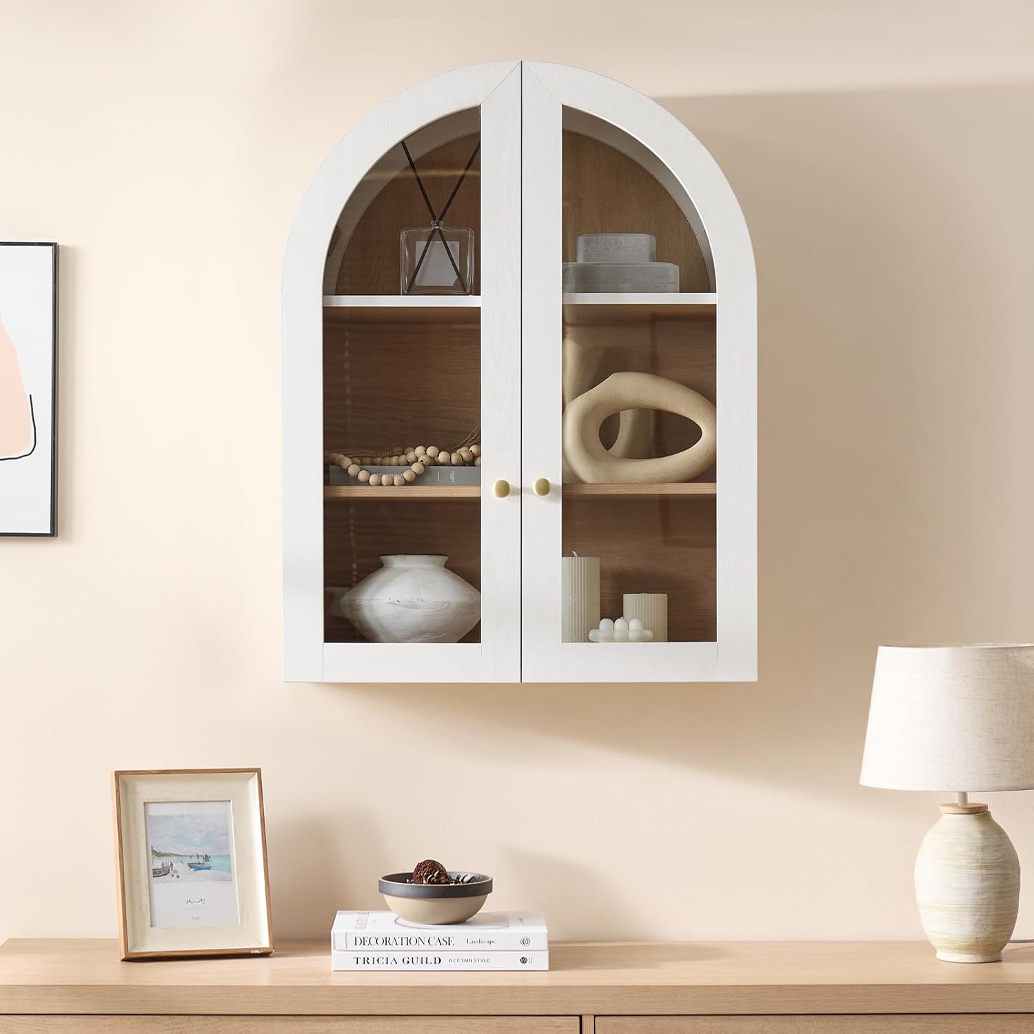 Bathroom Arched Wall Cabinet Over The Toilet Storage Cabinet, 23.6×31.4 Inch Bathroom Medicine Cabinet Wall Mount with Adjustable Shelves & Glass Door, Space Saver Wall Cabinet, White